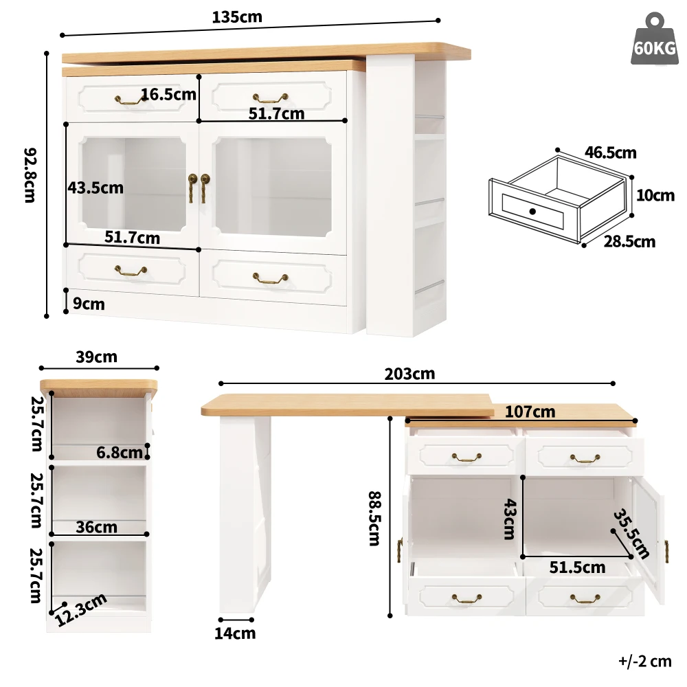 Teleskopischer ausziehbarer moderner Bartisch 135–203 x 39 x 92,8 cm | 360 ° Drehbar, mit LED-Leuchten und Ablagefach, Esszimmer – Detail 29