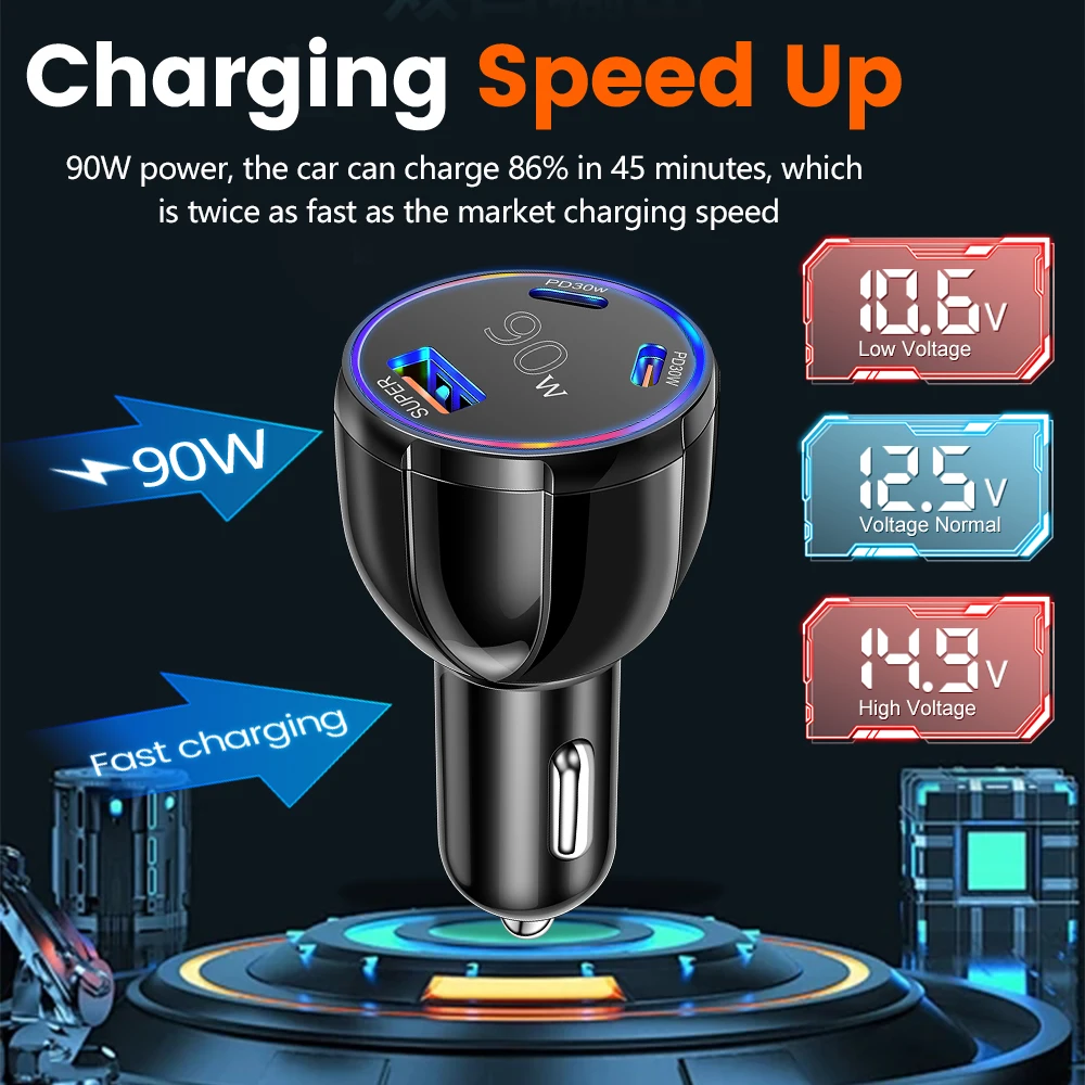 3 Port 90W USB+2PD Car Chargers USB Fast Charging Car Phone Adapter for IPhone Xiaomi Samsung Car Adapter