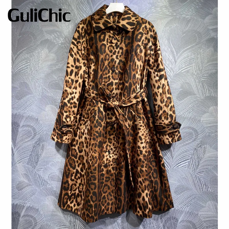 

10.20 GuliChic Autumn Fashion Vintage Leopard Print Turn-Down Collar Single Breasted Long Sleeve Temperament Trench Coat Women