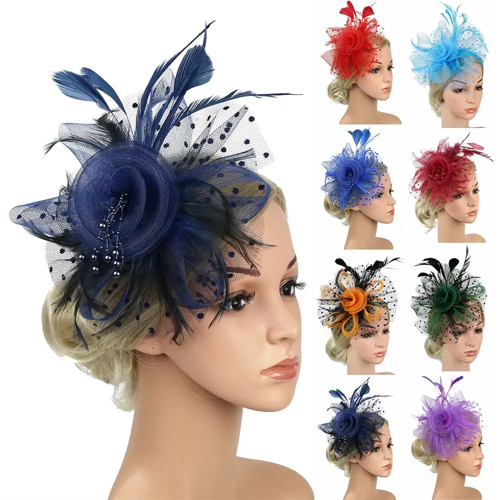 Women Girls Cocktail Wedding Mesh Flower Tea Party Headband Fascinator Hat Feathers Hair Clip Alice Headband Clip