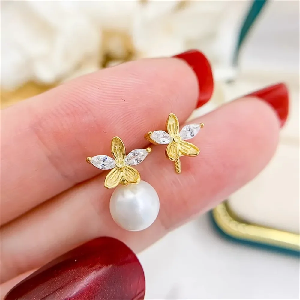 

DIY Pearl Accessories S925 Pure Silver Ear Nail Empty Support Flower Style Gold Silver Decoration Support Fit 7-9mm Beads E248