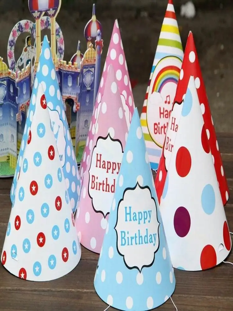 10pcs baby kid rainbow birthday party hat chlid crown decoration paper cap cartoon pattern festival colorful birthday hat images - 6