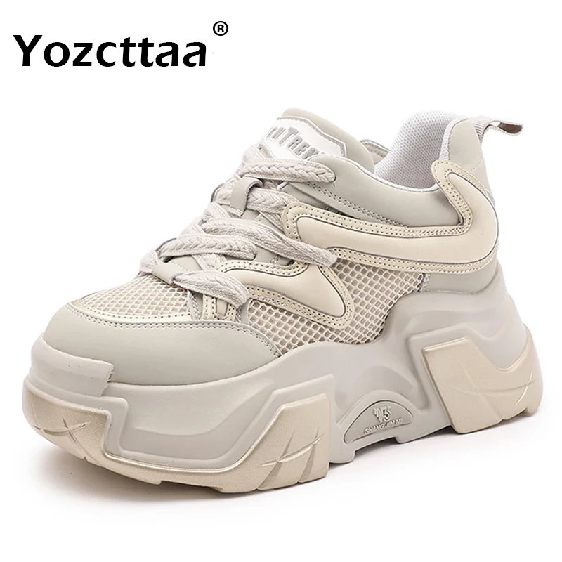 

Leehmzay Size 33-39 Women Sneakers Thick High Heels Spring Shoes 2024 Breath Mesh Leather Tennis Athletic Casual Platform Pumps