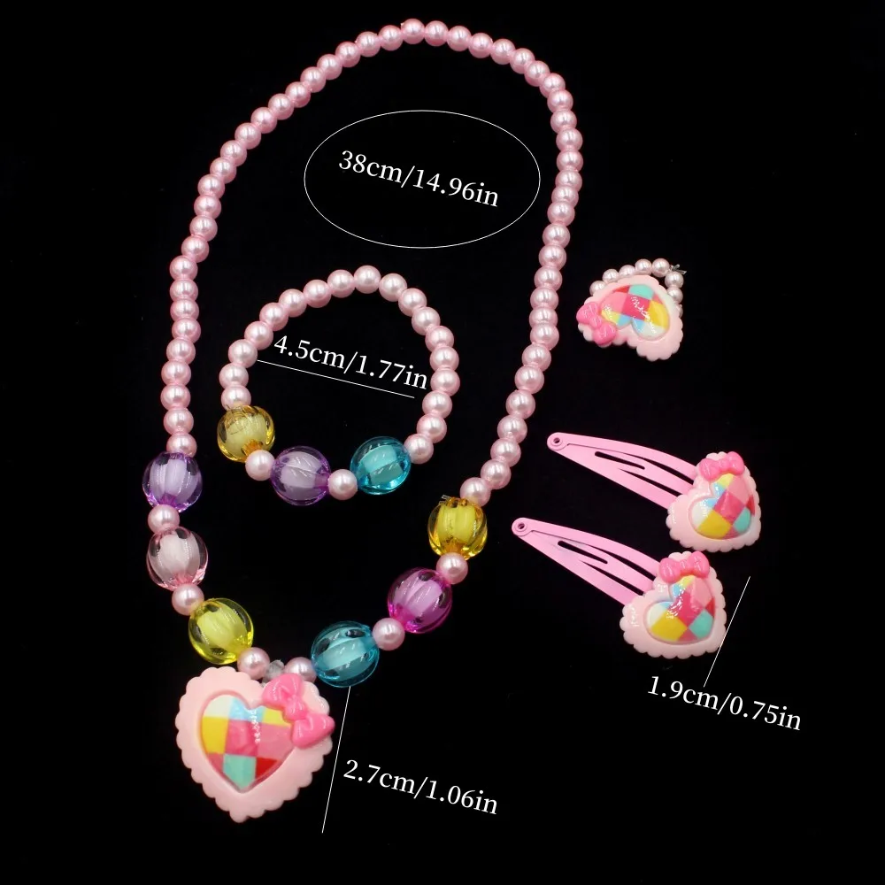 1set Charming Handmade Heart Beaded Kids Jewelry Set - Includes Necklace, Bracelet, Hair Clips Perfect gift for Princess 3