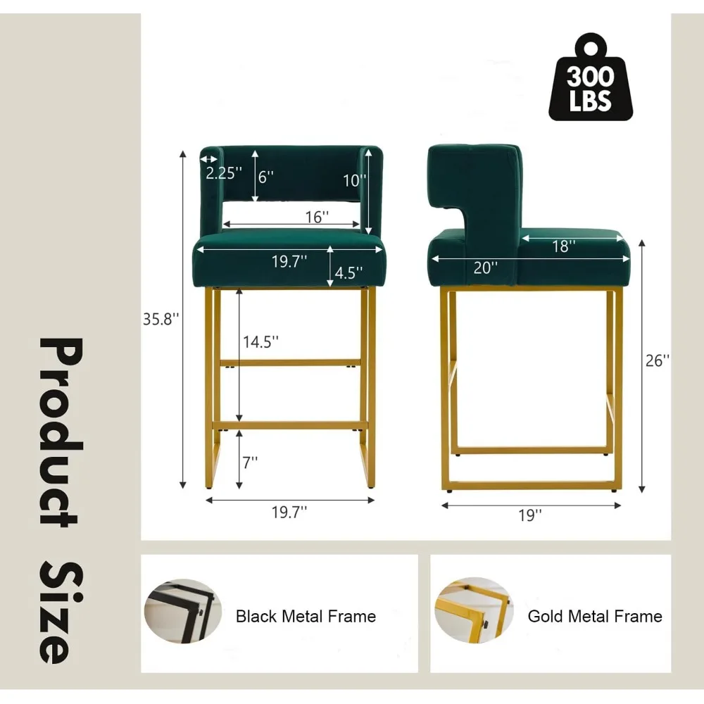 Velvet Bar Stools Set of 4 Counter Height Stools 26" Bar Chair Kitchen Island Chairs with Back Padded Seat Gold Metal Legs 2