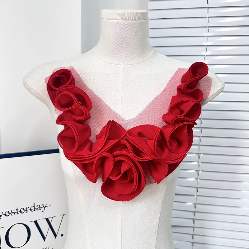 Handmade 3D Pleated Flower Fabric Patch DIY Evening Dress Clothing Collar Patch Fashion Clothes Appliques Sewing Accessories