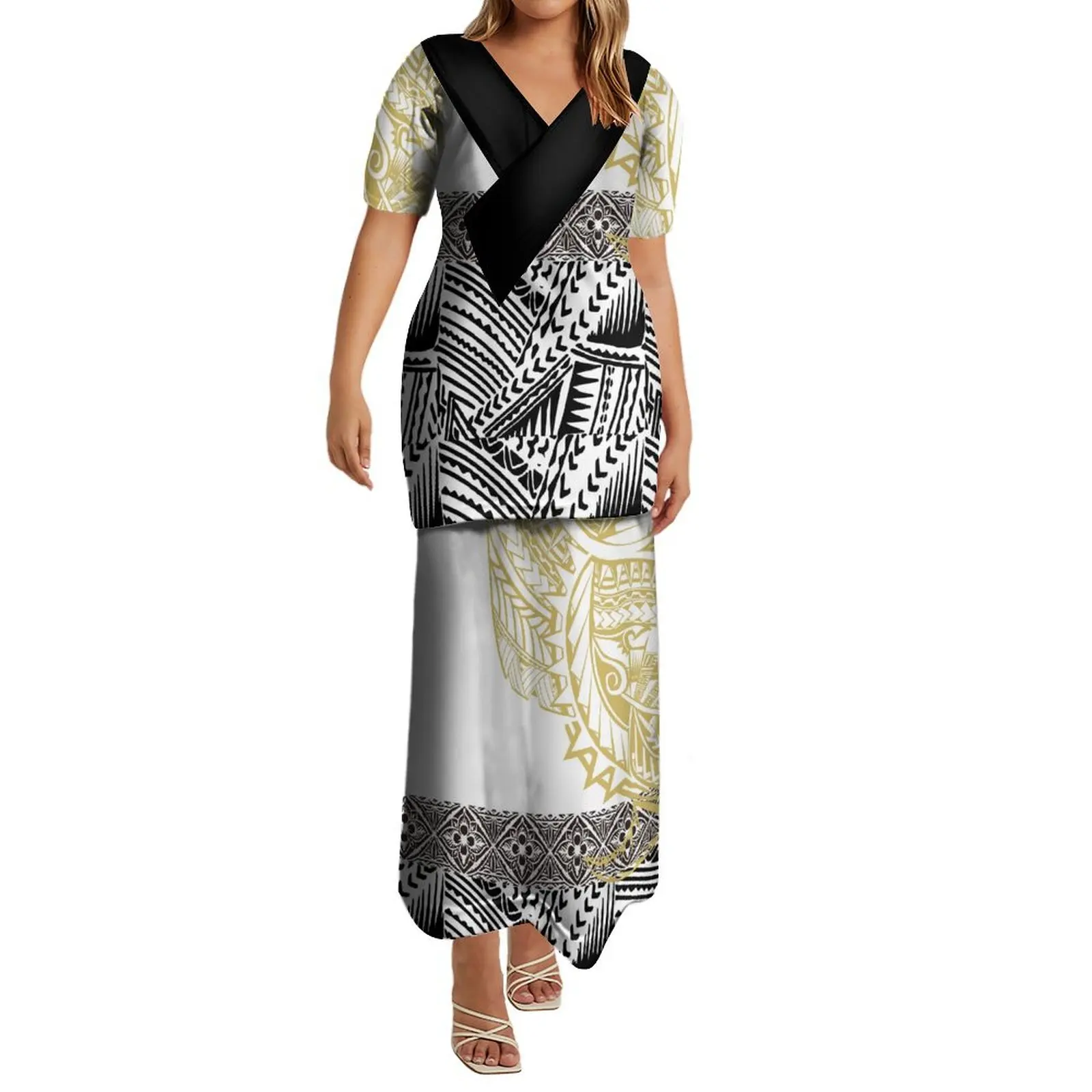 

Custom Women'S Short-Sleeved Dress Polynesian Tribal Design Pattern Puletasi Ethnic Dress Two-Piece Free Shipping