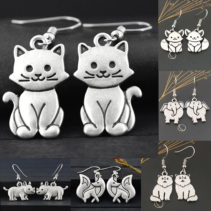 Funny Cute Simple Cat Fox Rhino Animal Drop Dangle Earrings For Women Retro Jewelry Fashion Korean Trendy Long Earring