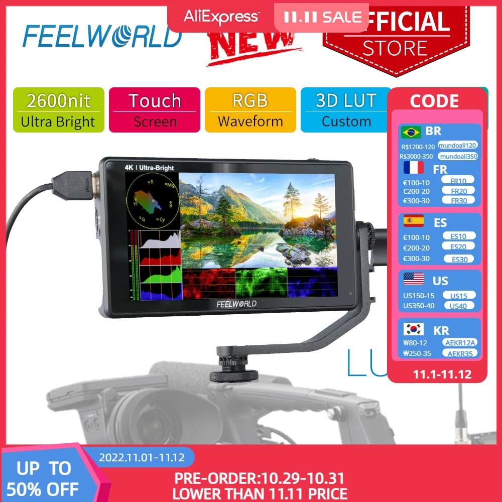 Feelworld Lut6 6 Inch 2600nits Hdr 3d Lut Touch Screen On Camera Field Dslr  Monitor With Waveform Vectorscope For Youtube Live - Monitor - AliExpress