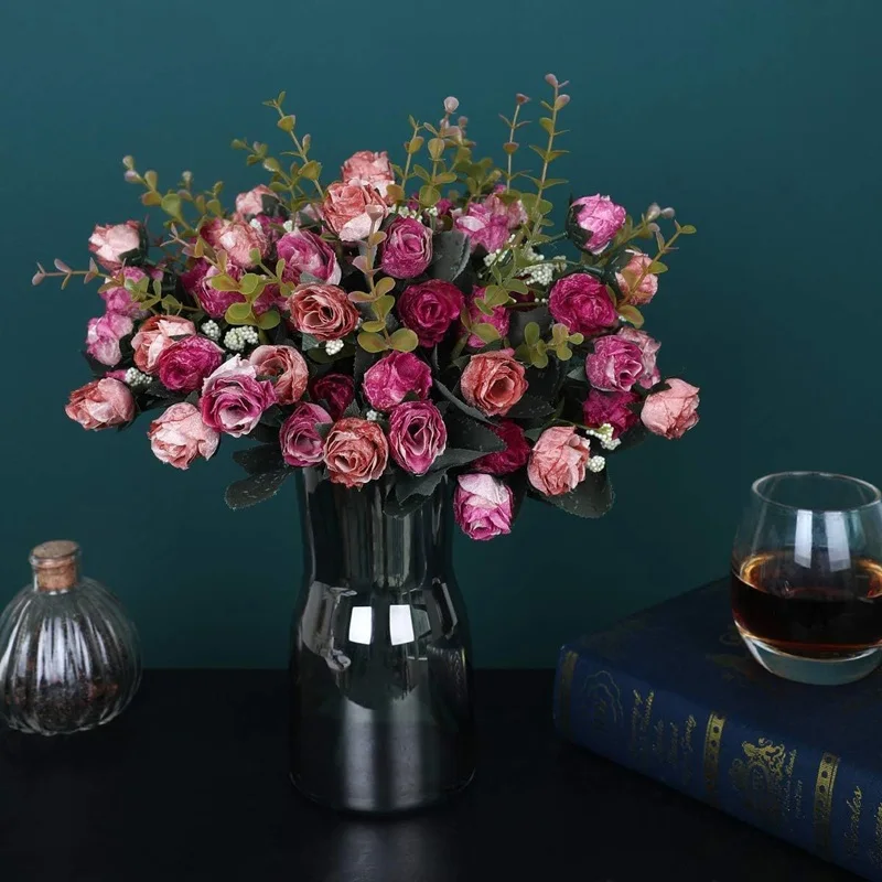 4 stücke Künstliche Herbst Farbige Kristall Rosen Bouquet Seide Gefälschte Blumen Hochzeit Decor Simulation Rosa Rose Home Hotel Dekoration