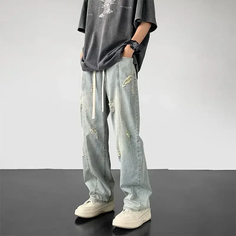 Pantalones vaqueros para hombre, rotos, rectos, con agujeros, pantalones vaqueros para hombre, ropa de calle, rotos, diseñador, moda 2024, estilo coreano, Xs