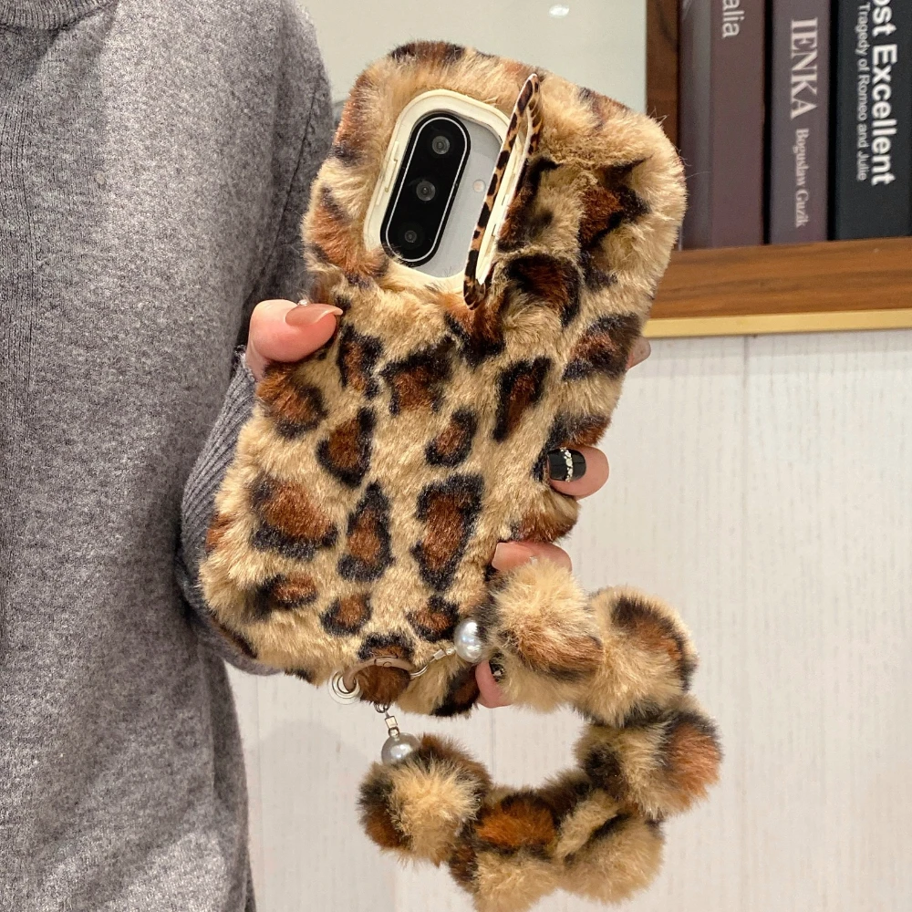 Leopard Print Fuzzy Plush Phone Case with Stand Holder and Lanyard