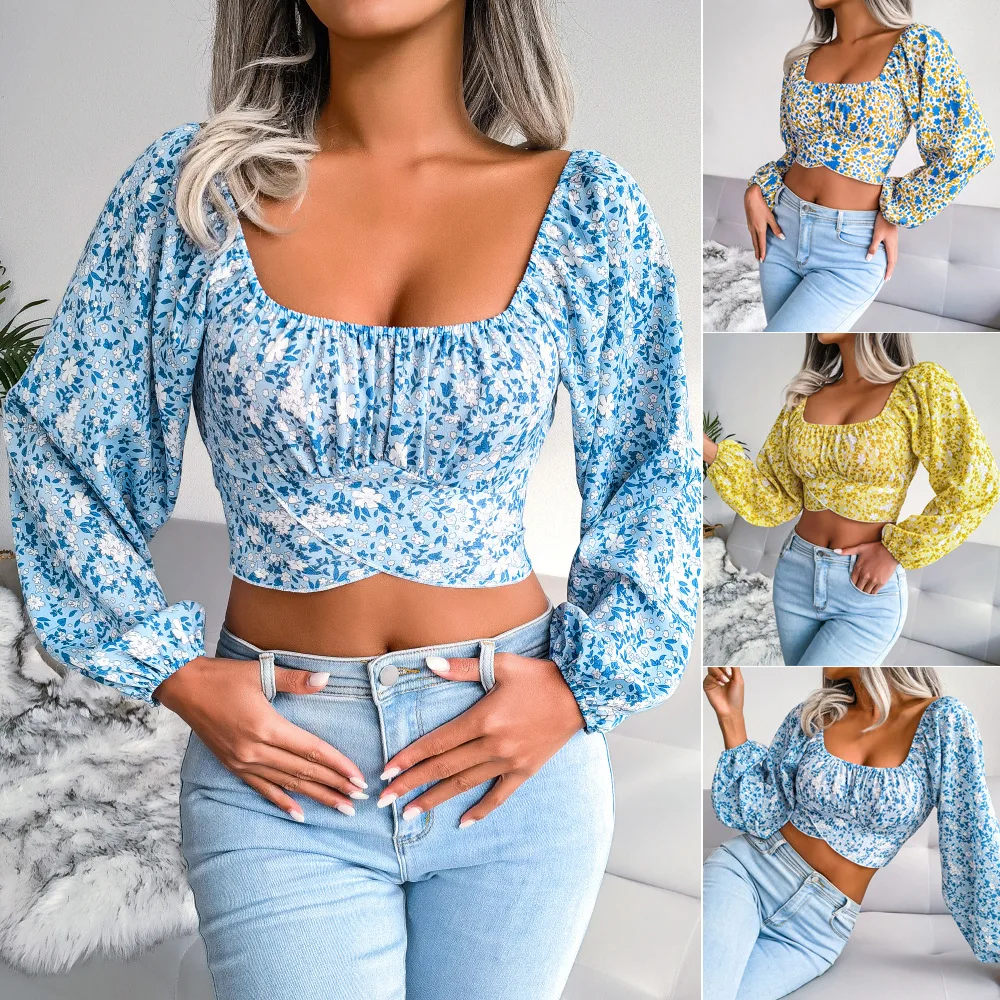 

European and American lantern sleeve bow broken flower chiffon shirt holiday style exposed navel top