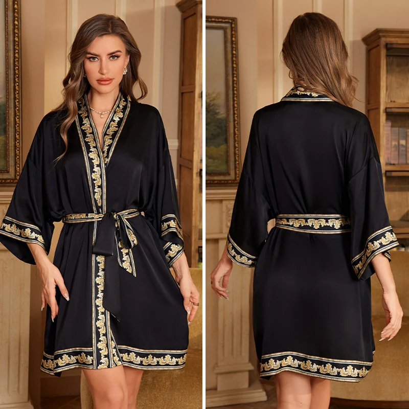 Navy Blue Floral Silk Satin Kimono-Style Nightgown