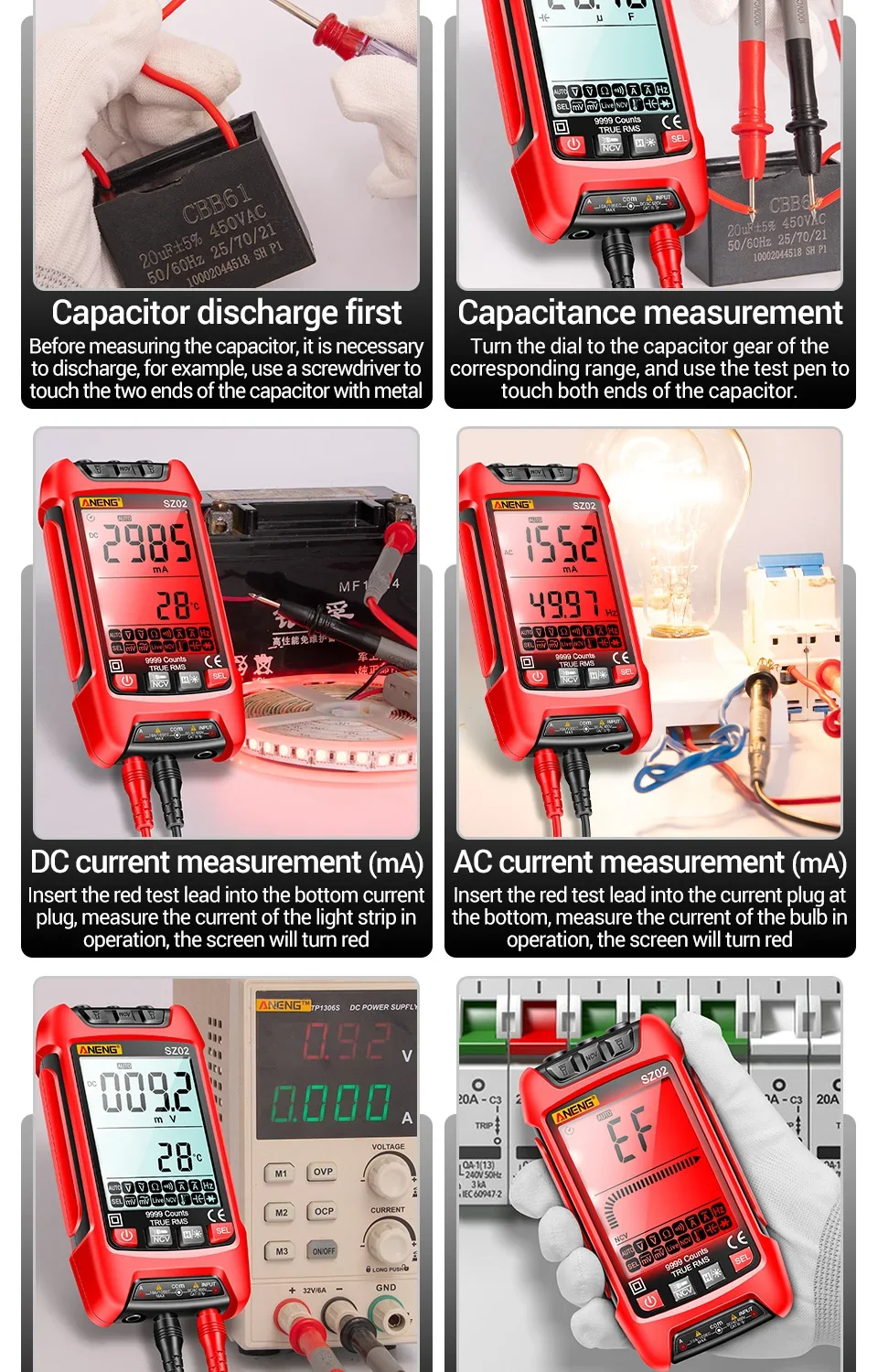 ANENG SZ02 Digitales Multimeter 9999 Anzeigen AC/DC Spannung Strom Temperatur Kapazität NCV Null-Leiter-Tester HD-Hintergrundbeleuchtung Dual – Detail 10