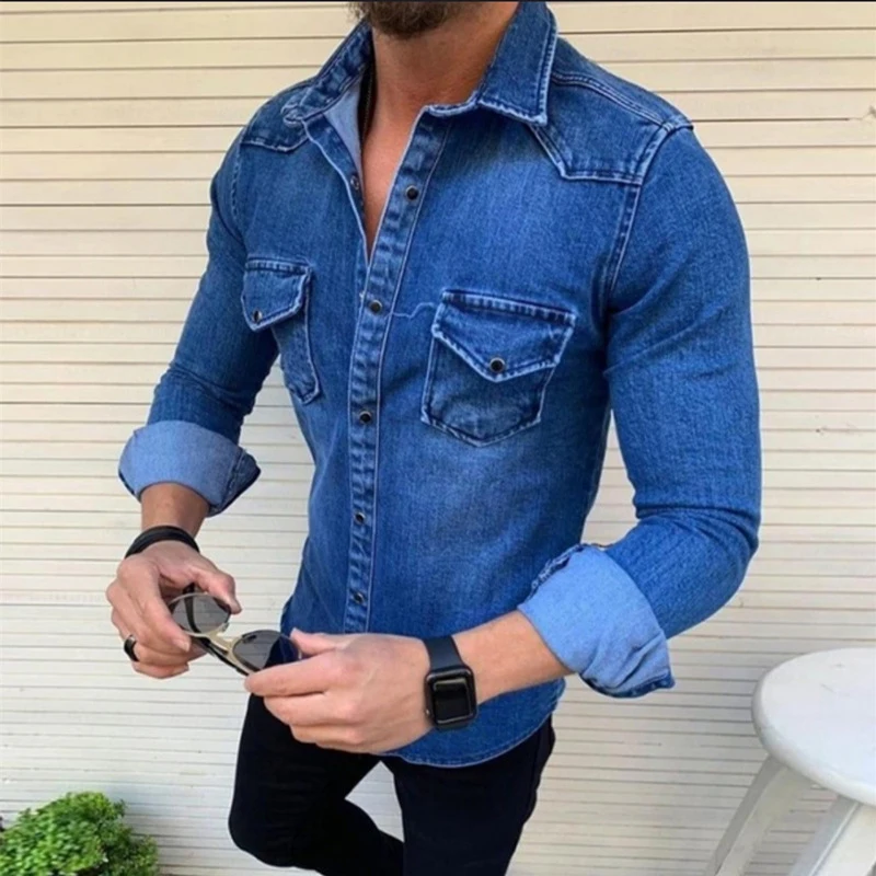 

Solid Slim Fit Long Sleeve Button Turn-down Collar Pocket Top for Men Spring Summer Casual Office Tees Fashion Men's Denim Shirt