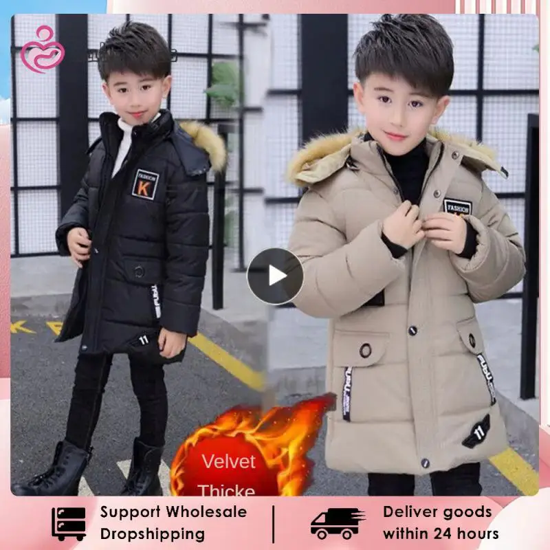 6 8 10 12 14 Years Big Boys Autumn Winter Plus Velvet Warm Teen Kids Jackets Fashion -Length Zipper Hooded Boys Coat