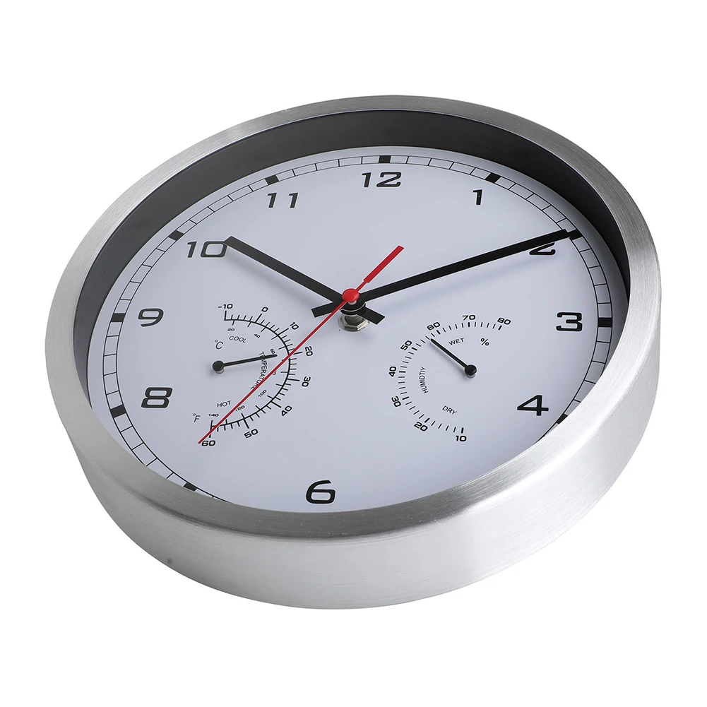 Battery Operated Wall Clock with Silent Movement and Temperature Humidity Display 10 Inch Aluminum Frame Design