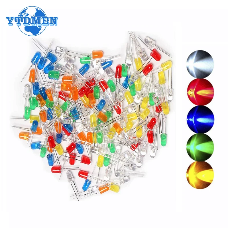 100PCS 5mm LED Diodes Kit Super Bright Round Individual Light Diode Red/Green/Blue/Yellow/White Electronic