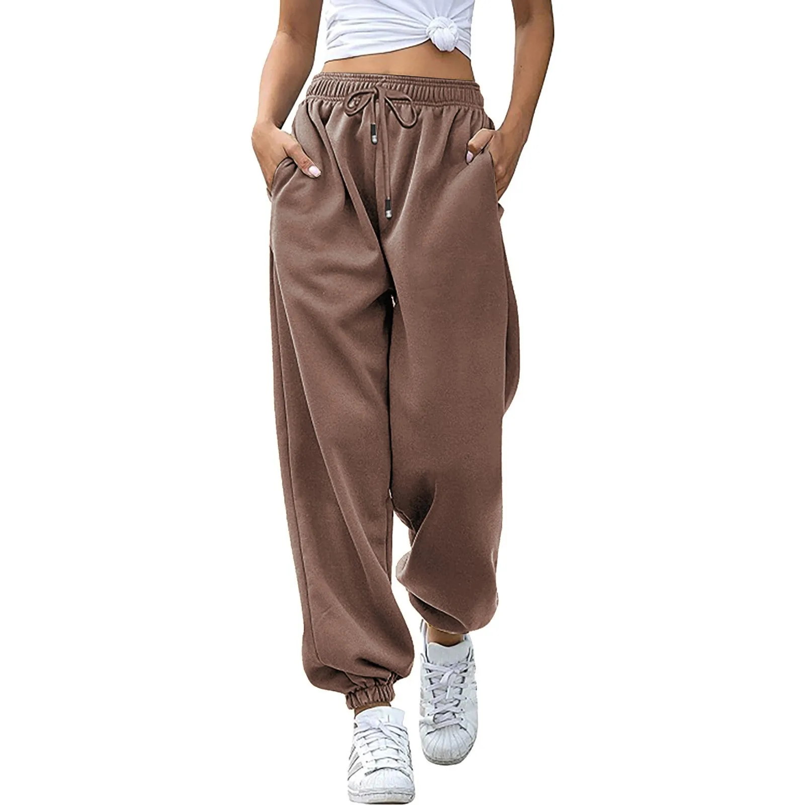 Plus Size Women's Solid Colour Casual Bottom Sweatpants Joggers Pants Drawstring Elastic Waist High Waisted Pants With Pockets