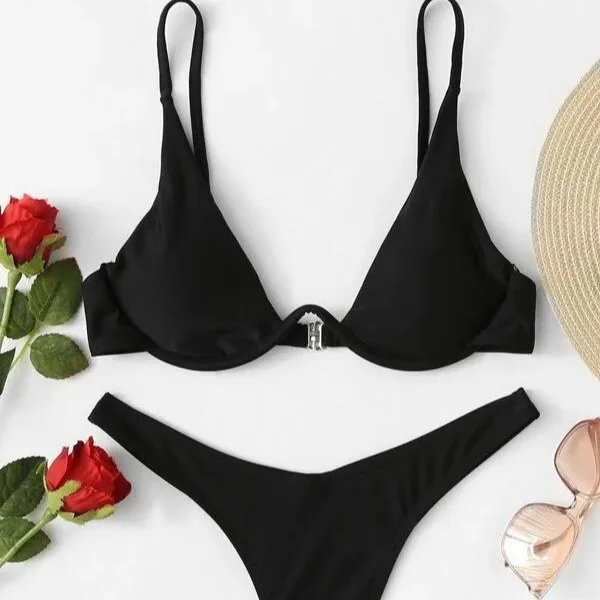 Sexy Underwire Bikini 2024 Mujer Women Solid Red Push Up Bra Thong Swimsuit Haler V Neck Bathing Suit Mini Micro Thong Swimwear