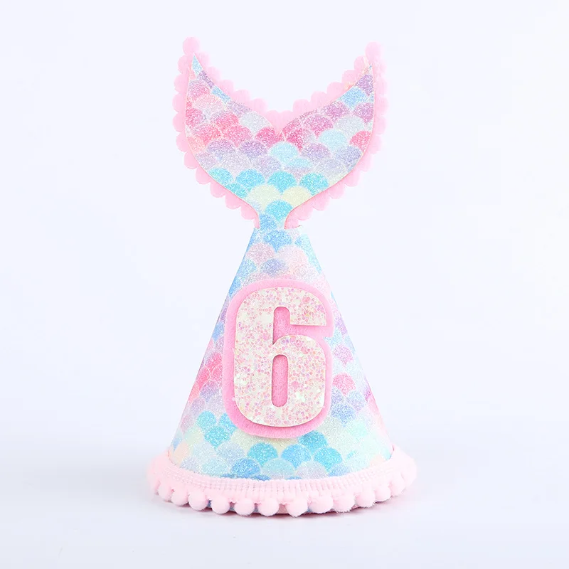 Baby Geburtstag bunte Regenbogen Krone Kappe 1-9 th Kinder Baby Dusche Fischschwanz Hut alles Gute zum Geburtstag Stirnband Meerjungfrau Party Filzhut – Detail 5