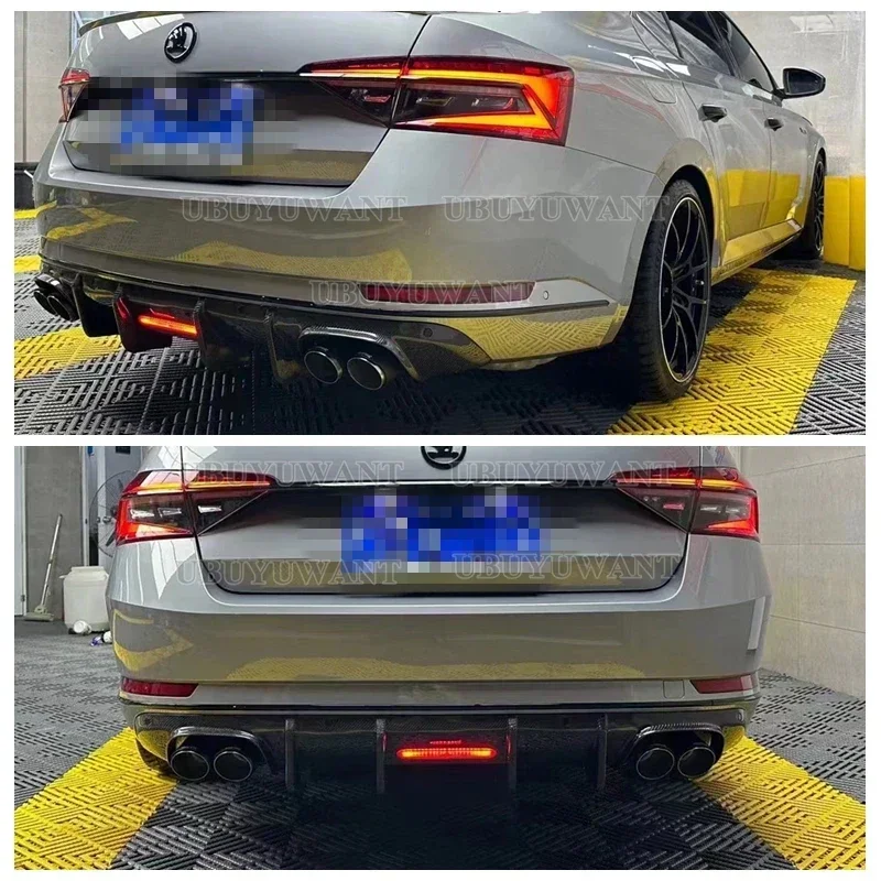 

Carbon Fiber Rear Lip With LED Light Fins Shark Style Diffuser Bumper Guard FOR Skoda Superb 2015- 2023