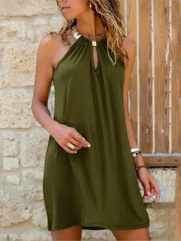 Abito corto slim fit con paillettes casual tinta unita scollato senza maniche con collo appeso alla moda estiva delle nuove donne 1