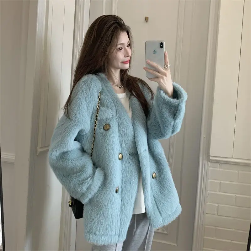 Vintage Fur Jacket Women Double-breasted Autumn Winter Faux Mink Fur Coat Warm Korean Chic Long Sleeve Luxury Designer Clothing