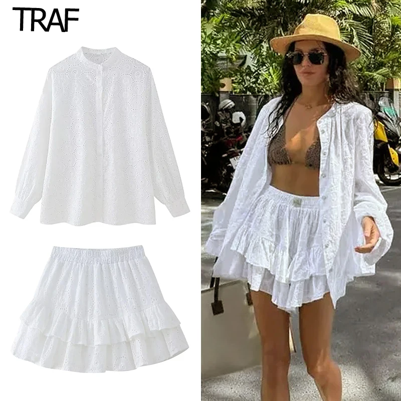 

TRAF White Skirt Set Women's Suit Hollow Mini Skirt Set Long Sleeve Tops Women's Blouse Summer Woman 2 Pieces Elegant Stylish