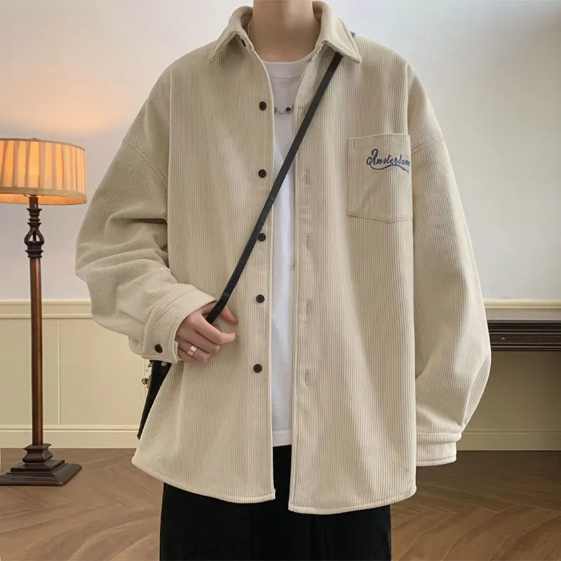 Vintage Corduroy Loose Men's Casual Polo Shirt - Autumn Winter Fashion with Letter Embroidery