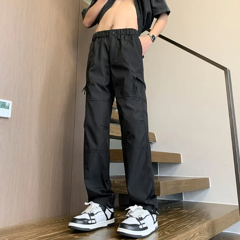 Men's Clothing Zipper Pockets Elastic High Waist Solid Color Casual Loose Cargo Straight Spring Autumn England Style Pants