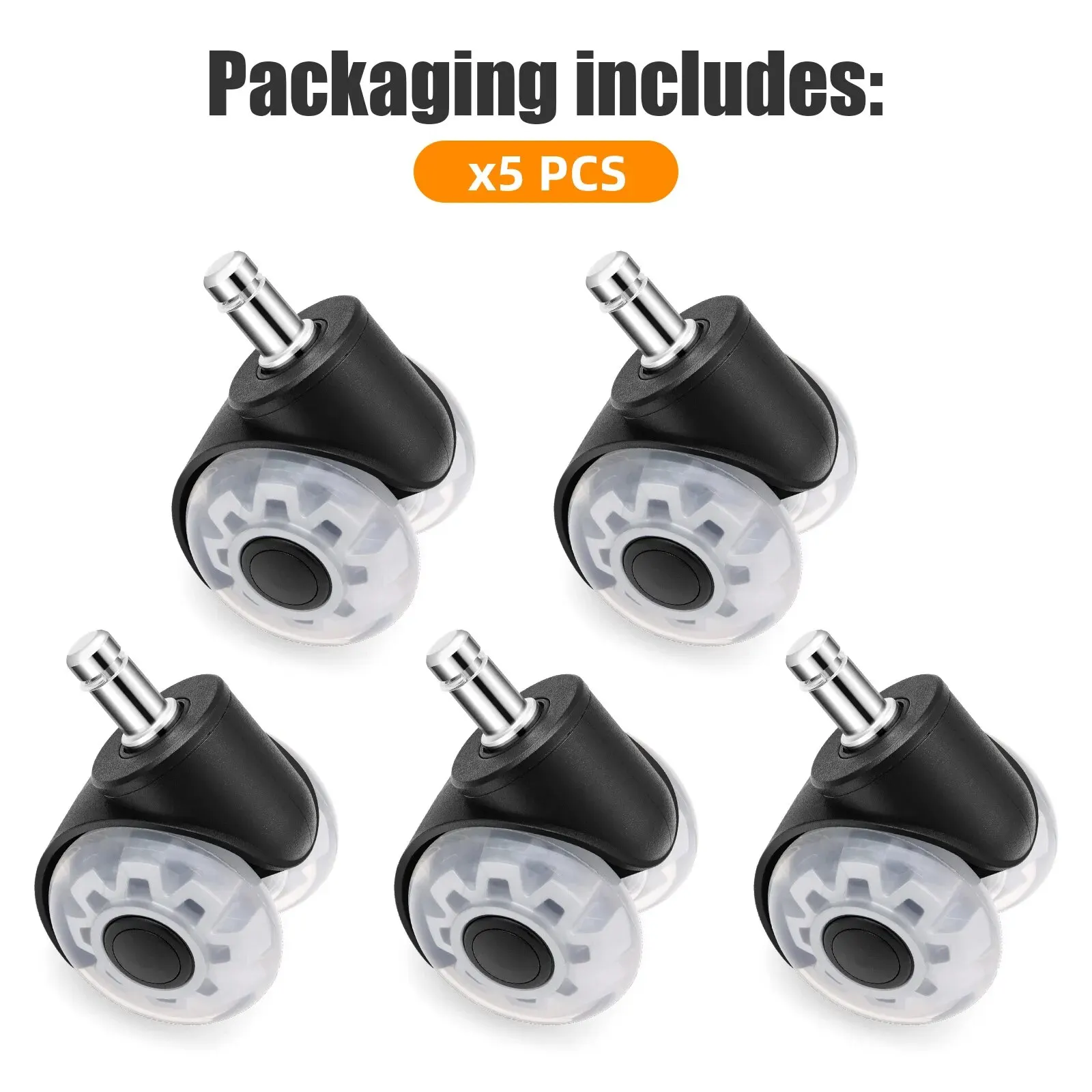 Quiet-Roll Universal Office Chair Casters - Set of 5 Soft Rubber Wheels