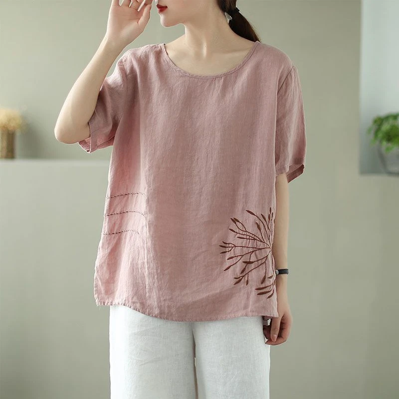 

2023 New Arrival Summer Women Casual O-neck Cotton Linen Short Sleeve Tops Tees All-matched Vintage Embroidery T-shirt V664