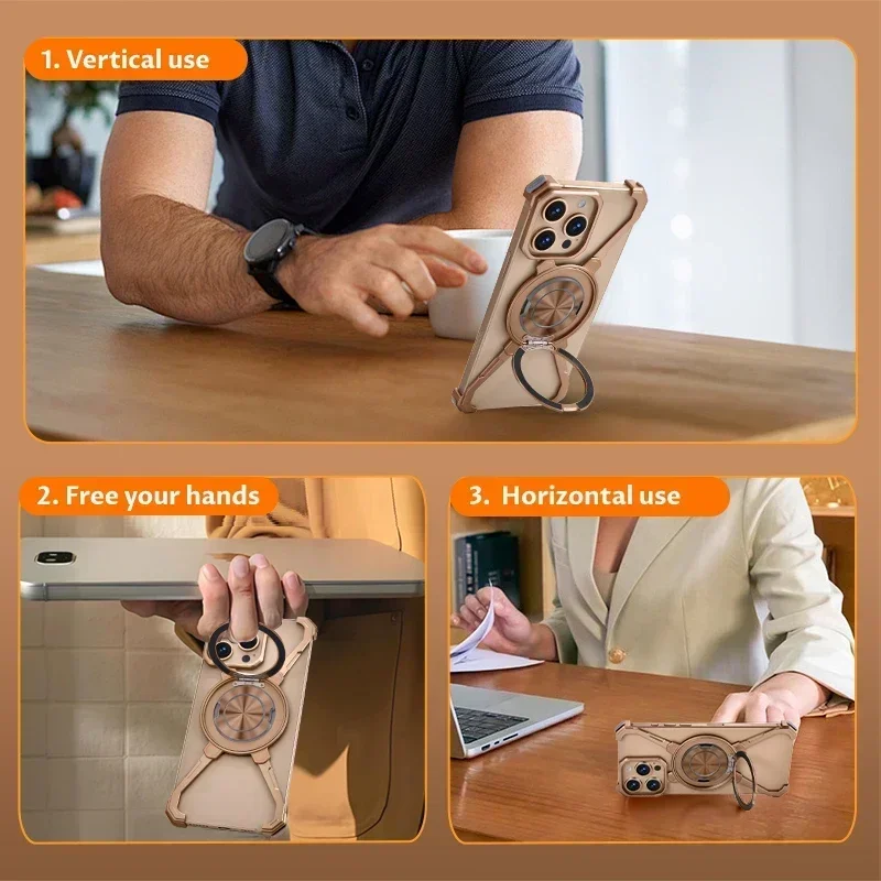 Eary Minimalist Phone Case for iPhone 17 16 15 14 13 Pro Max with MagSafe Stand 360° Rotatable Aluminum Metal Frameless Cover