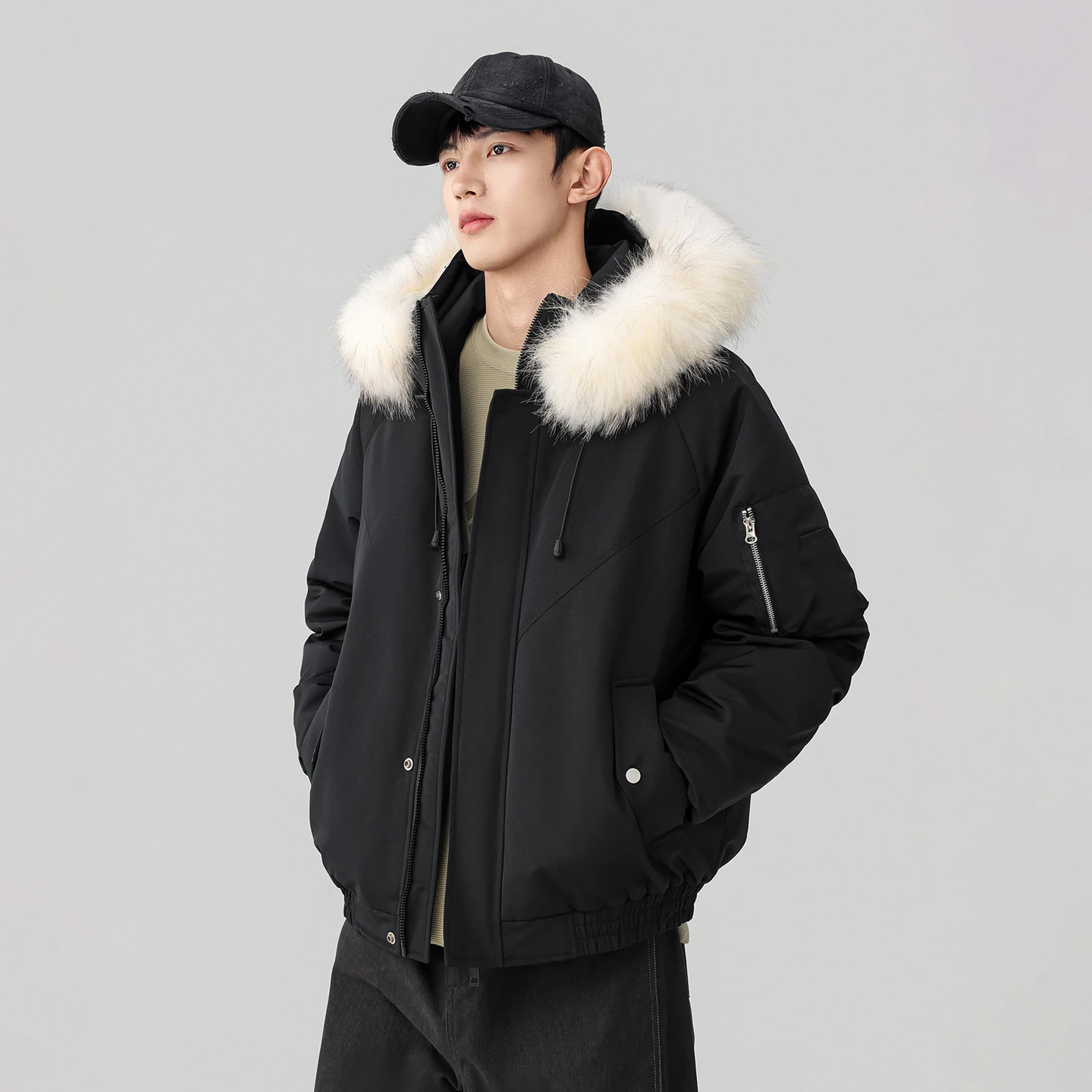 Lässige Herren-Winterjacke mit Abnehmbarem Fellkragen, Warme Kapuzen-Daunenjacke, Winddichte Outdoor-Pufferjacke, Verdickte Premium-Parka – Detail 8