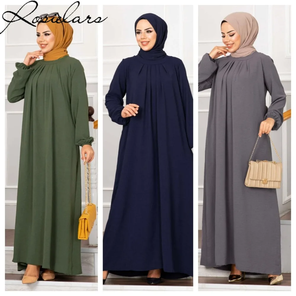 

2023 New Winter Pleated Long Dresses Muslim Sets Turkish Evening Dress Lady Moroccan Kaftan Abaya Dubai Abayas Arabic Hijab 2XL