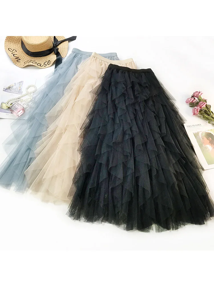 

Fashion Tutu Tulle Skirt Women Long Maxi Skirt 2024 Spring Summer Korean Black Pink High Waist Pleated Skirt Female