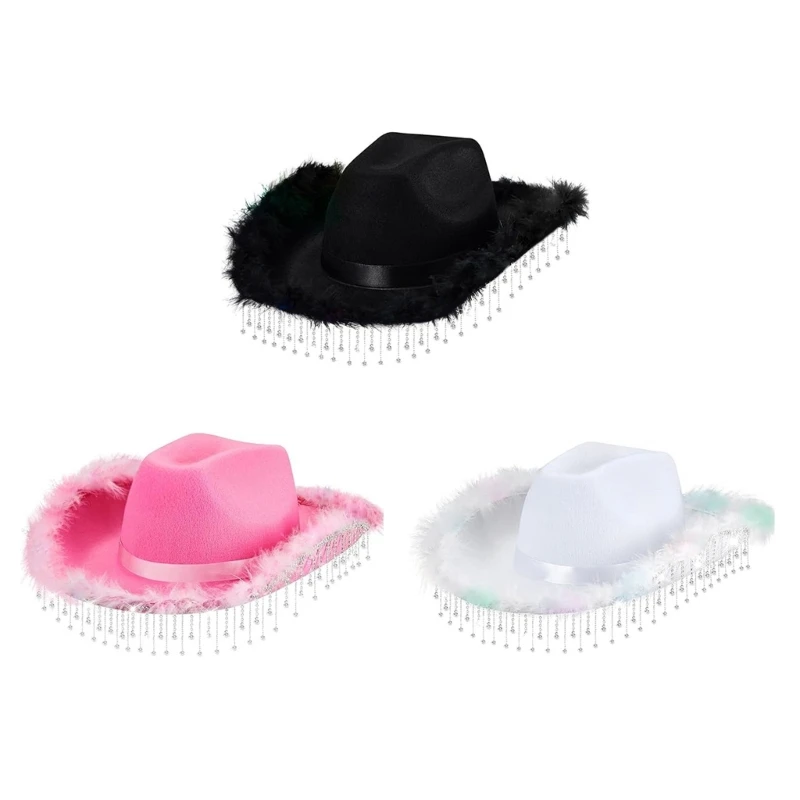 

Woman Cowboy Hat with Rhinestones for Spring Winter Elegant Lady Proms Party Hat HXBA