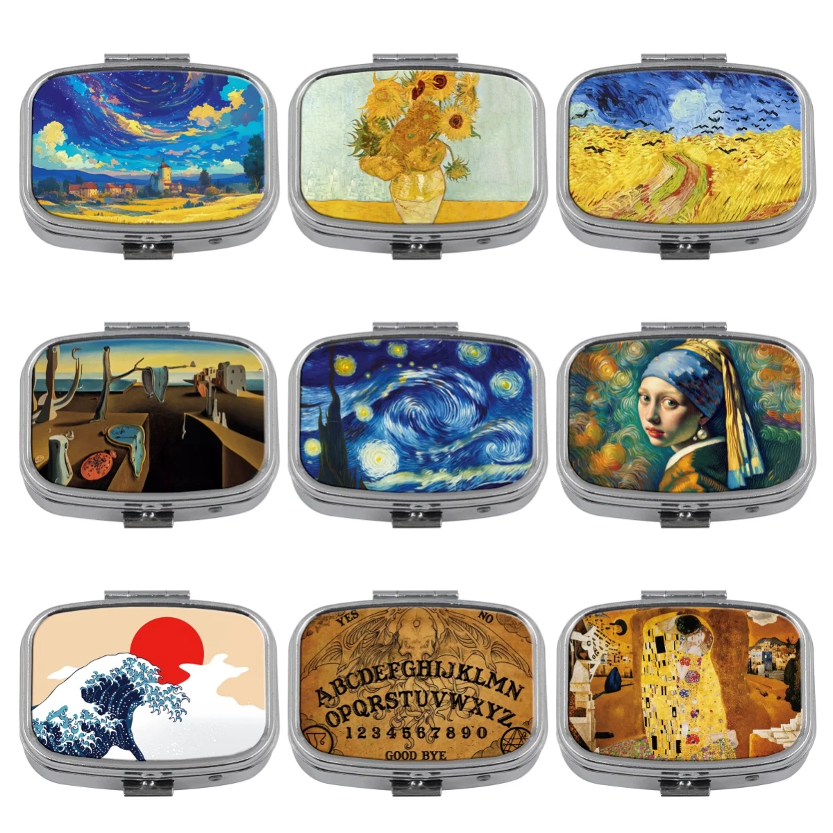 Medicine Box Oil Painting Metal Medicine Box with 2 Compartments Portable Travel Sealed Small Pill Organizer Container Storage