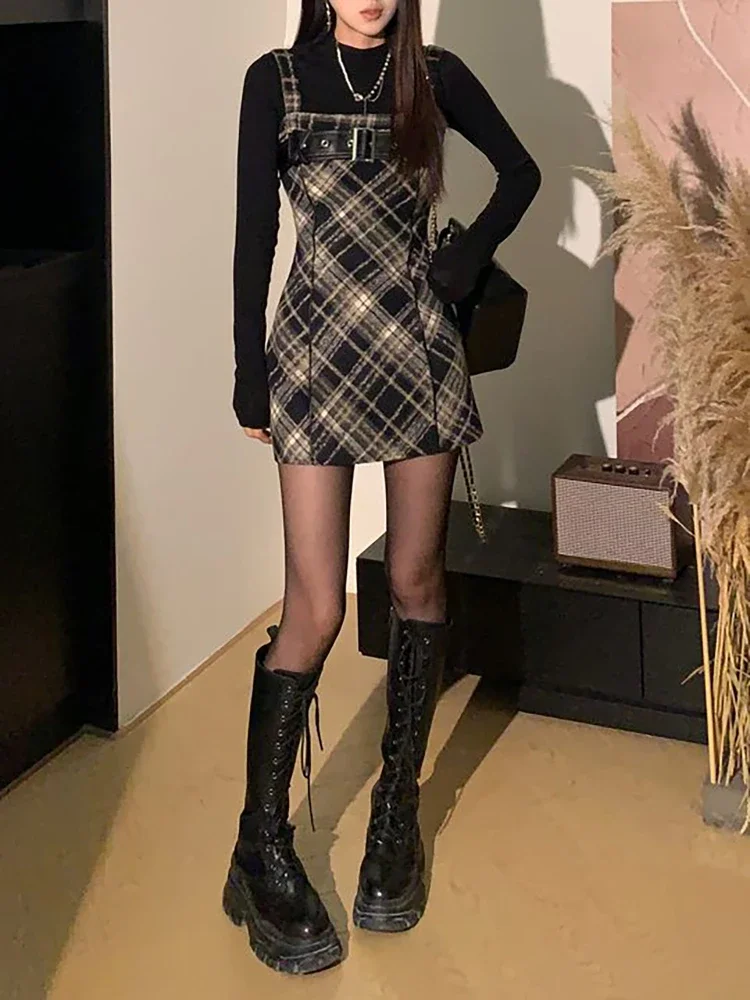 

2024 Autumn Elegant Plaid 2 Piece Dress Set Women Outwear Casual Black Blouse + Vintage Slim Strap Dress Korean Fashion Suit
