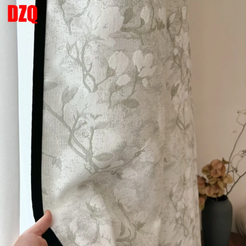 

New Chinese French Light Luxury Modern Simple High-precision Curtains for Living Dining Room Bedroom White Magnolia Jacquard