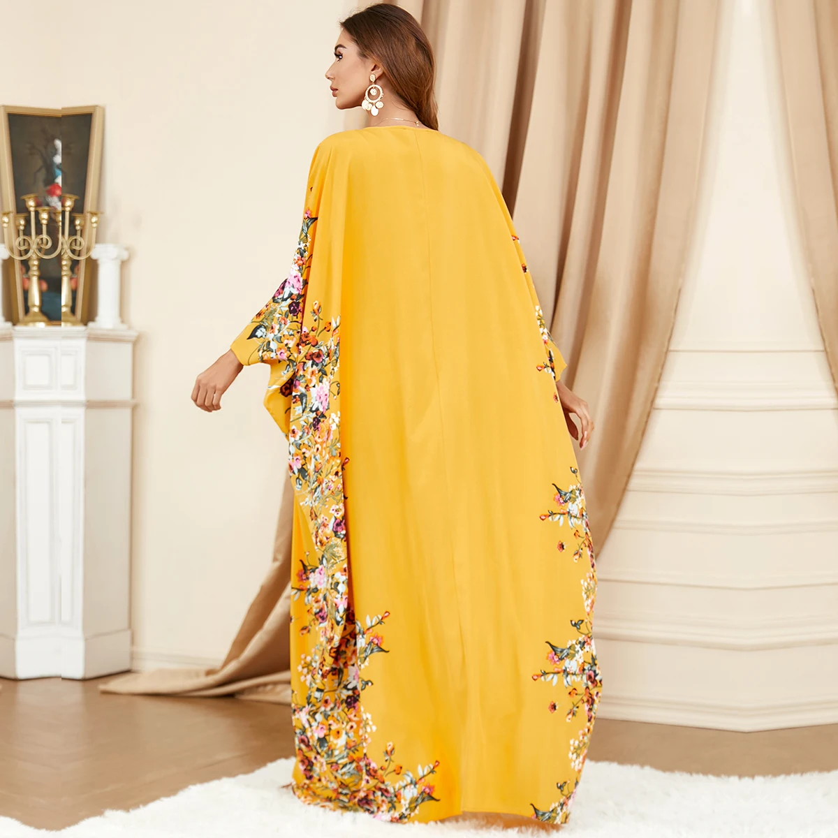 BNSQ 3422 Abaya For Womens Floral Print Bat Sleeve Slit Casual Loose Oversized Kaftan