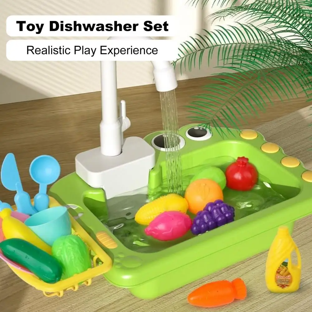 Kids Housekeeping Toy Mini Toddler Playhouse Dishwasher Sink Set with Running Water System Pretend Role Play Dinosaur for Boys
