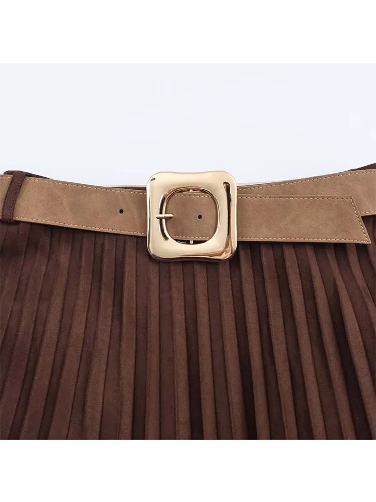 Women Chic Elegant Wrinkle Skirt With Belt Fashion 2025 New Vintage Midi Skirt High Street Casual Holiday Skirts