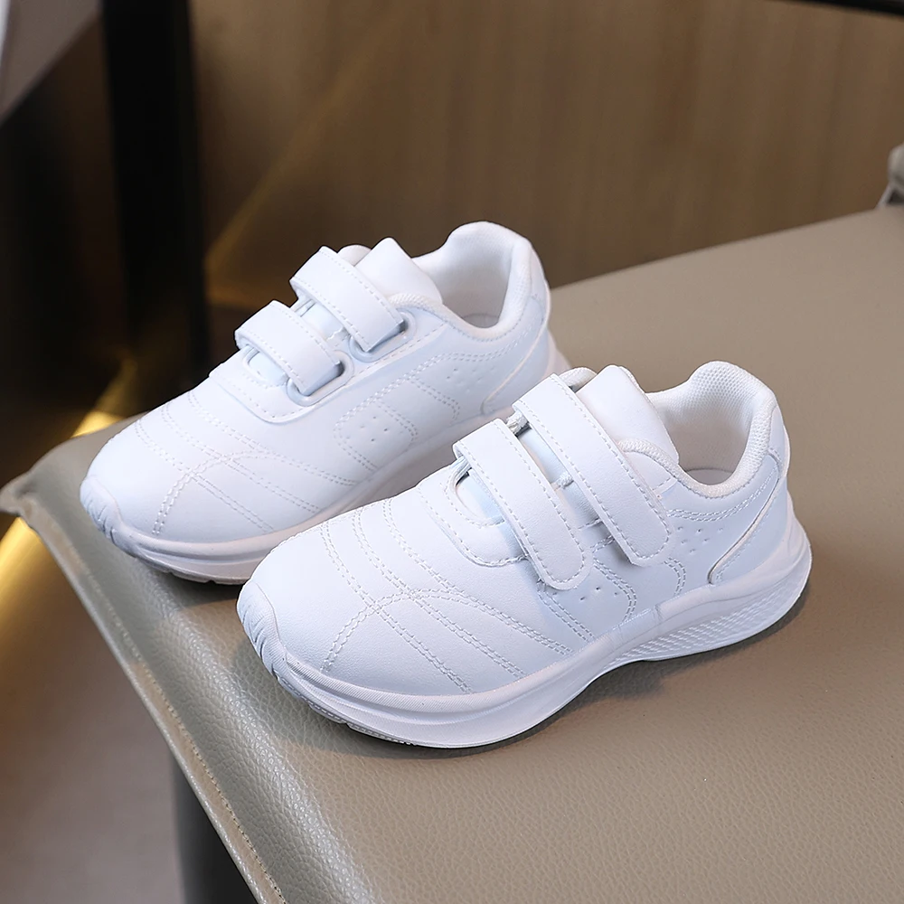 COMFY KIDS 남아 여아 흰색 가죽 후크앤루프 스쿨 스니커즈, 부드러운 쿠션 논슬립 방수 캐주얼 러닝화, 모든 사이즈