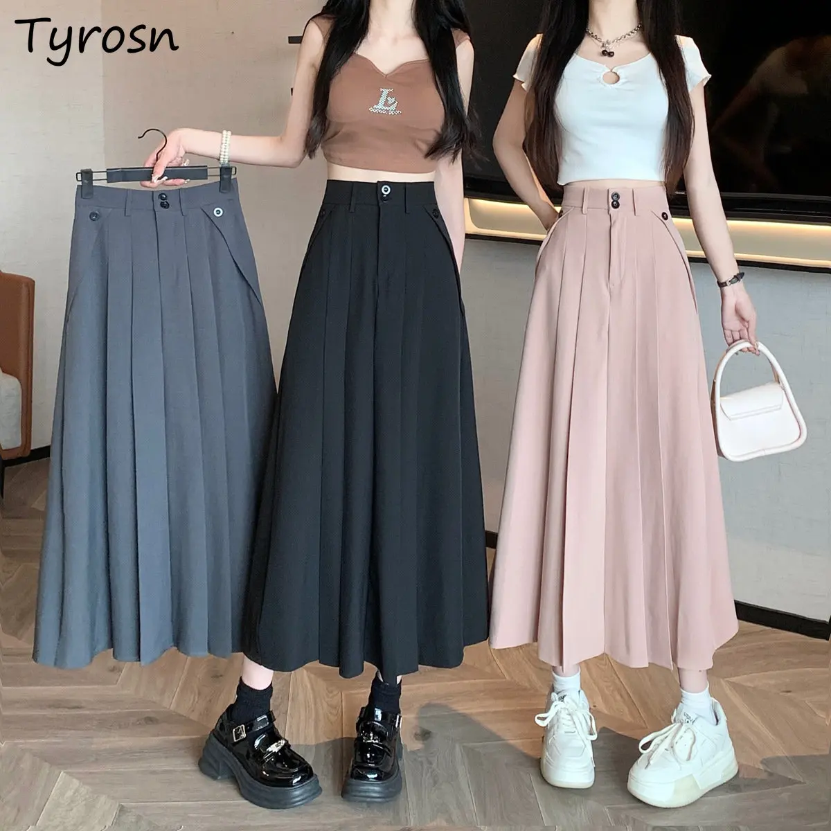 

Skirts Women Folds Sweet Design All-match Simple Casual Tender Preppy Style Ulzzang Students Empire Midi Faldas Summer Fashion