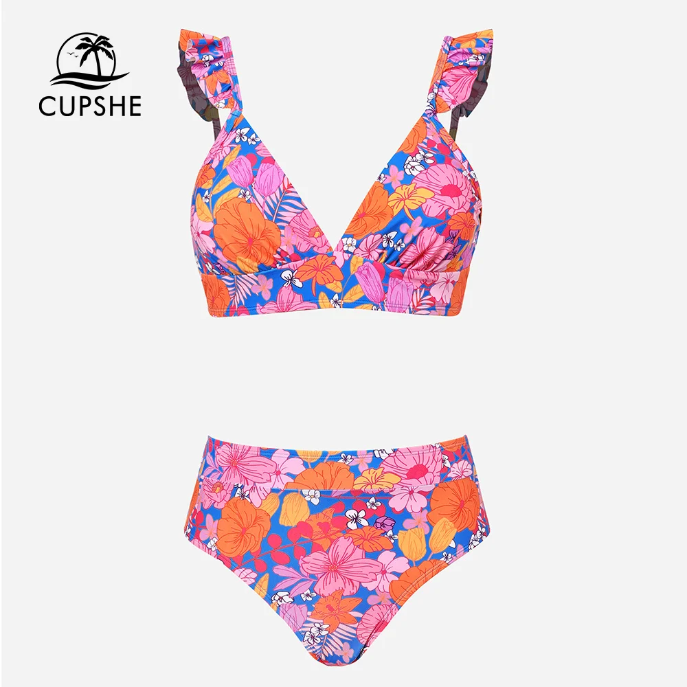 CUPSHE タイ ビキニセット 結び Vネック 調整可能 Cupshe V ネックフリルハイウエストビキニセット水着女性の