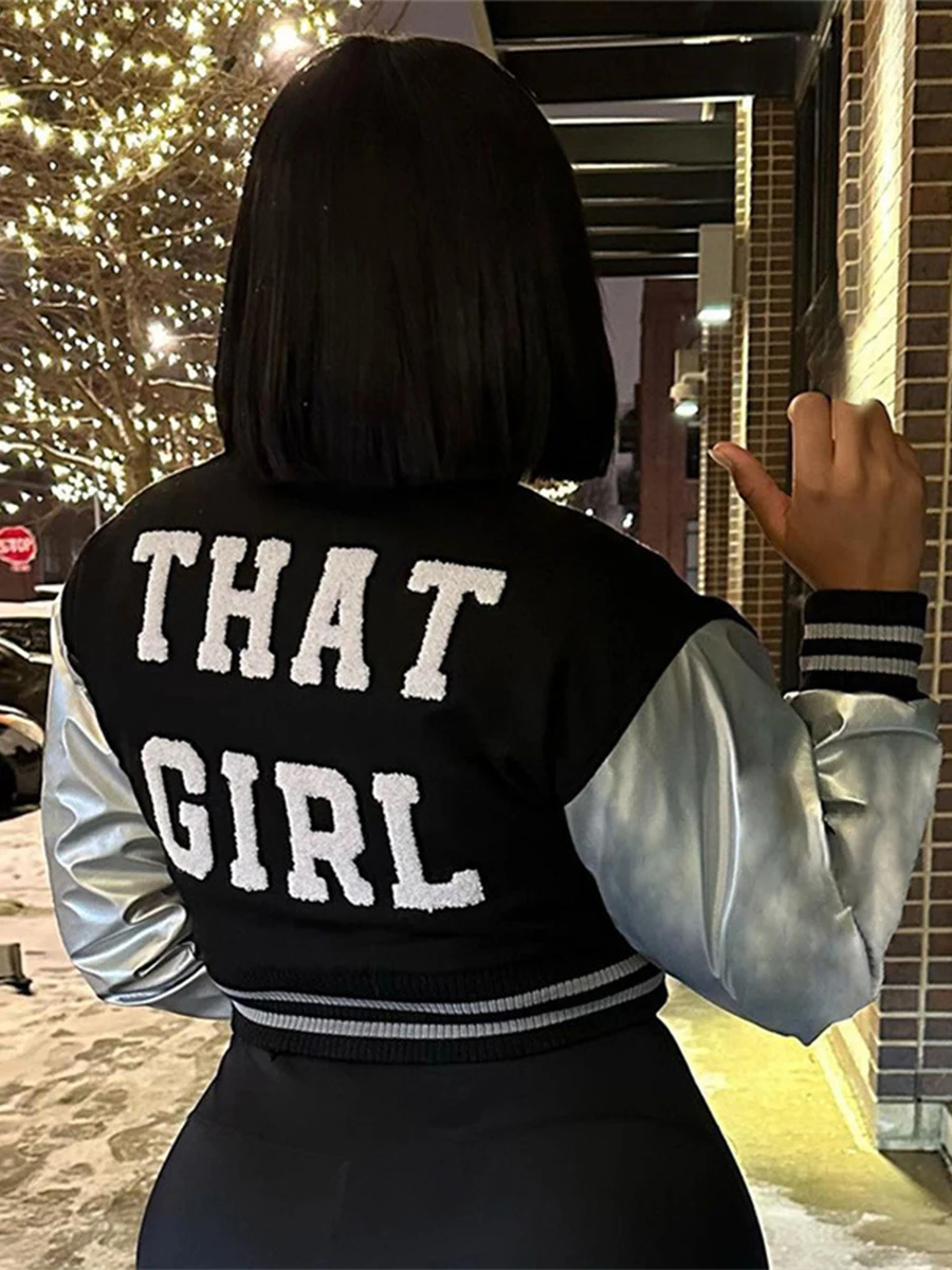 

Women's Baseball Jackets New Streetwear 90s Long Sleeve Bomber Jacket Letter Embroidery Patchwork Coat Buttons Outerwear