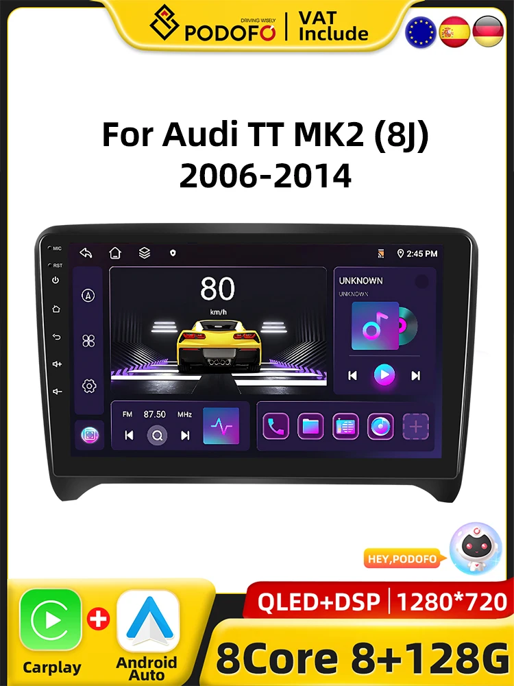 CAMECHO [8Core 2G+64G] Android 13 Autoradio per Audi TT 8J MK2 2008-2014 con Navi Carplay Android Auto,Radio 2 Din 9 Pollici Schermo con DSP RDS Bluetooth Mirror Link
